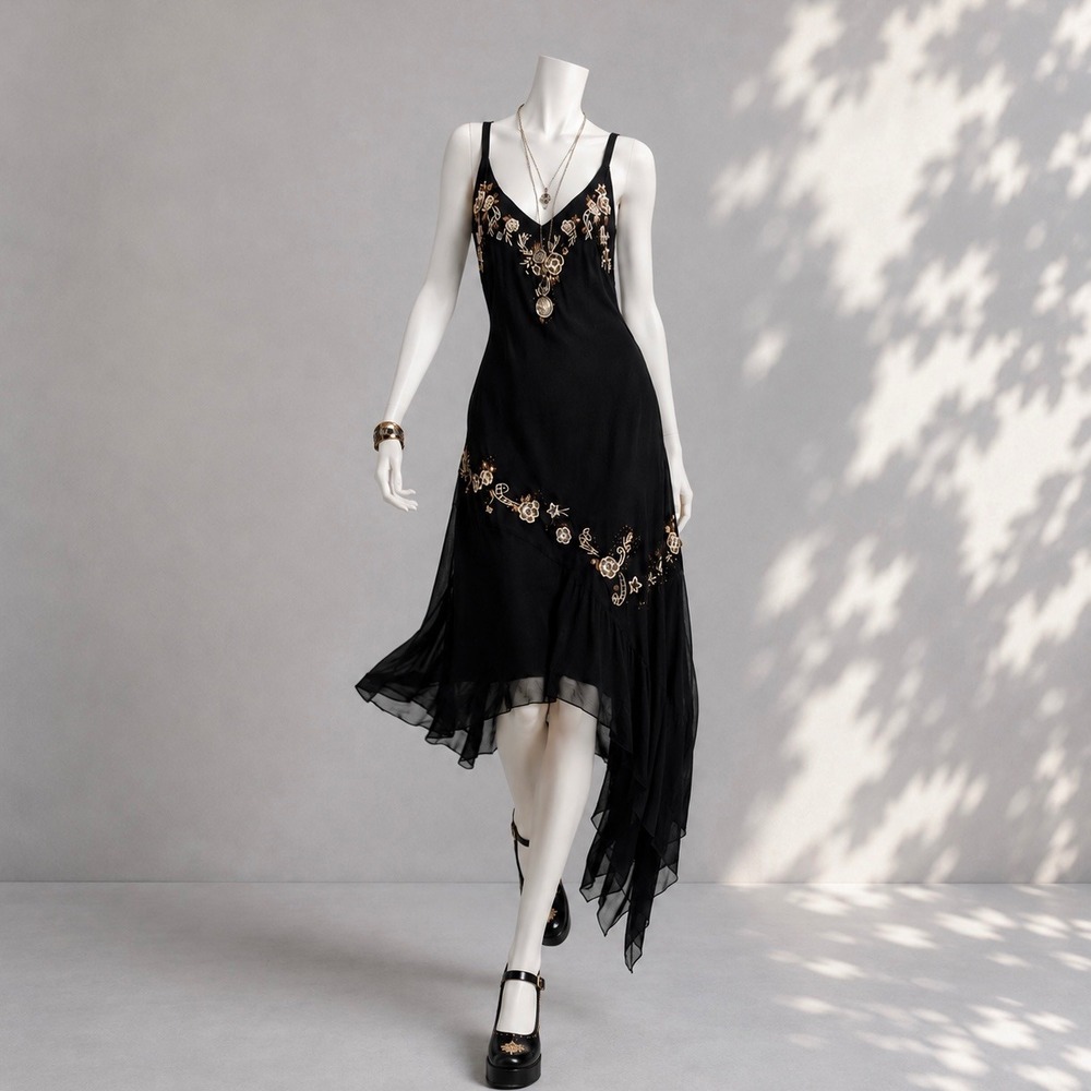 Dressbarn Y2K Whimsigoth Silk Dress L/XL Black Floral Embroidered Asymmetric